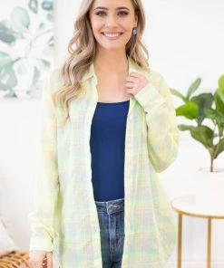 ADORA LONG SLEEVES Neon Green Multicolor Plaid Button Up Top