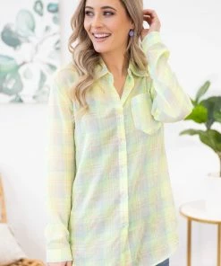 ADORA LONG SLEEVES Neon Green Multicolor Plaid Button Up Top