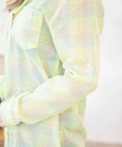 ADORA LONG SLEEVES Neon Green Multicolor Plaid Button Up Top