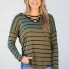Hailey And Co Olive And Black Stripe Criss-Cross Front Top Tops