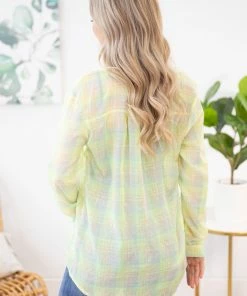 ADORA LONG SLEEVES Neon Green Multicolor Plaid Button Up Top
