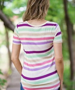Viamor Purple Multicolor Stripe Short Sleeve Top Tops