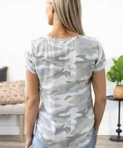 Veracci Light Grey Camouflage Print V-Neck Top Tops 7 Veracci Light Grey Camouflage Print V-Neck Top Tops
