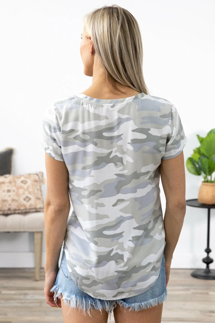 Veracci Light Grey Camouflage Print V-Neck Top Tops 5 Veracci Light Grey Camouflage Print V-Neck Top Tops