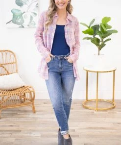 ADORA LONG SLEEVES Pink And Purple Plaid Button Up Top