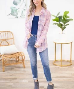 ADORA LONG SLEEVES Pink And Purple Plaid Button Up Top