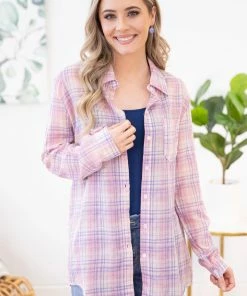ADORA LONG SLEEVES Pink And Purple Plaid Button Up Top