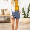 Doe & Rae Medium Wash Fray Hem Elastic Waist Shorts