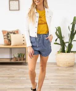 Doe & Rae Medium Wash Fray Hem Elastic Waist Shorts