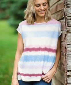 White Birch Blush Multicolor Tie Dye Stripe Top Tops