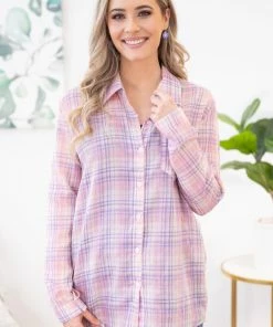 ADORA LONG SLEEVES Pink And Purple Plaid Button Up Top