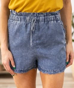 Doe & Rae Medium Wash Fray Hem Elastic Waist Shorts