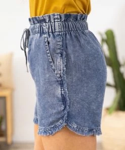 Doe & Rae Medium Wash Fray Hem Elastic Waist Shorts