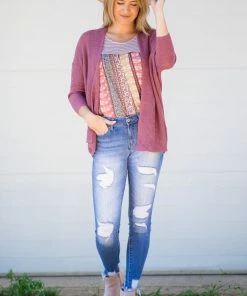 Be Cool Berry Rib Knit Drop Shoulder Cardigan Tops