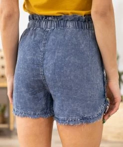 Doe & Rae Medium Wash Fray Hem Elastic Waist Shorts