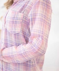 ADORA LONG SLEEVES Pink And Purple Plaid Button Up Top