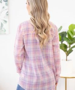 ADORA LONG SLEEVES Pink And Purple Plaid Button Up Top