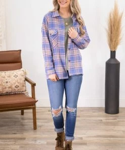 Lime N Chili Royal Blue And Peach Plaid Shacket