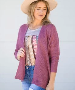 Be Cool Berry Rib Knit Drop Shoulder Cardigan Tops