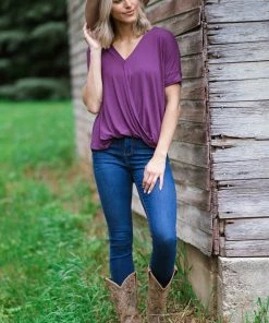 Zenana Purple Surplice Twist Front Hi Low Top Tops