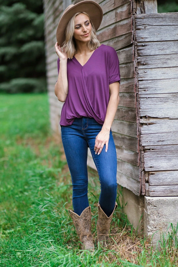 Zenana Purple Surplice Twist Front Hi Low Top Tops 4 Zenana Purple Surplice Twist Front Hi Low Top Tops