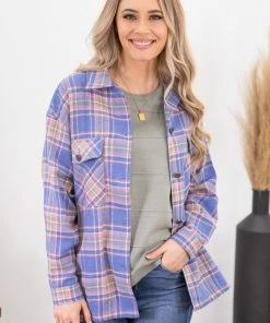 Lime N Chili Royal Blue And Peach Plaid Shacket