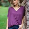 Zenana Purple Surplice Twist Front Hi Low Top Tops