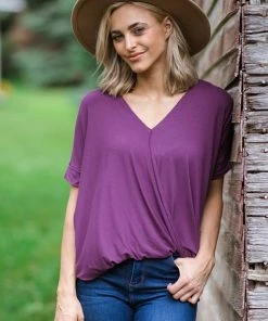 Zenana Purple Surplice Twist Front Hi Low Top Tops