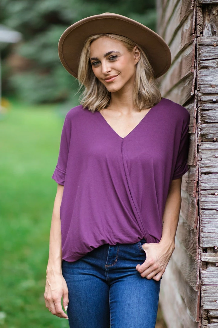 Zenana Purple Surplice Twist Front Hi Low Top Tops 3 Zenana Purple Surplice Twist Front Hi Low Top Tops