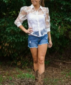 Haute Monde Tops White Floral Lace Applique Puff Sleeve Top