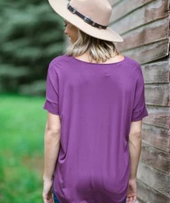 Zenana Purple Surplice Twist Front Hi Low Top Tops 7 Zenana Purple Surplice Twist Front Hi Low Top Tops