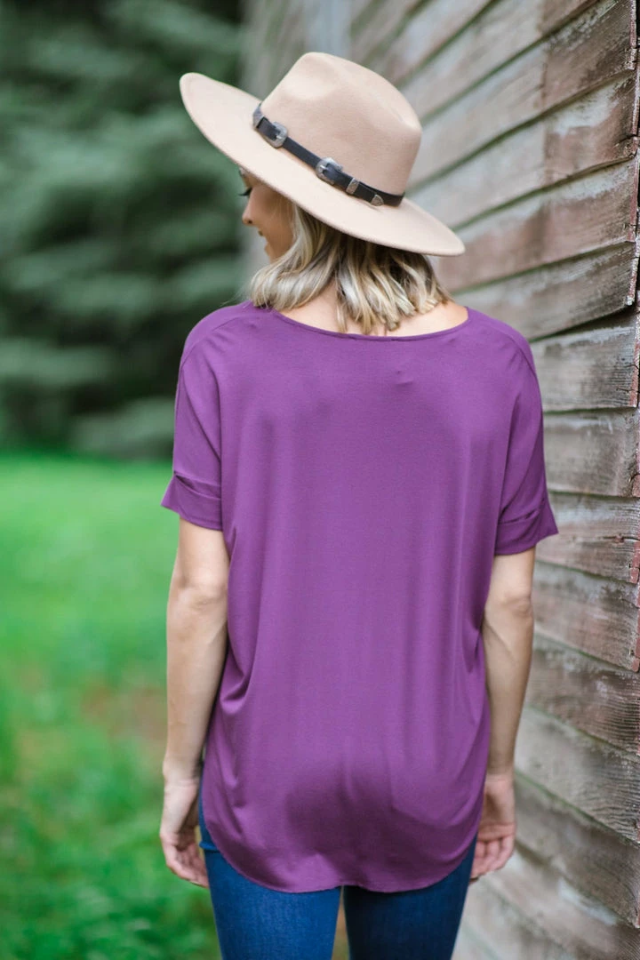 Zenana Purple Surplice Twist Front Hi Low Top Tops 5 Zenana Purple Surplice Twist Front Hi Low Top Tops