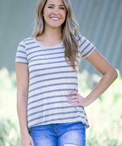 Hailey And Co Beige And Grey Stripe Short Sleeve Top Tops