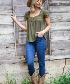 Supreme Fashion Olive Crochet Lace Trim Square Neck Top Tops