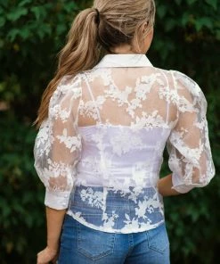 Haute Monde Tops White Floral Lace Applique Puff Sleeve Top