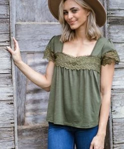 Supreme Fashion Olive Crochet Lace Trim Square Neck Top Tops