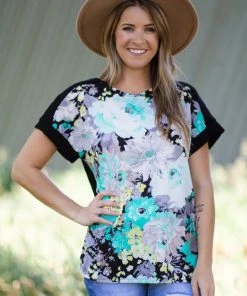 Cherish Black And Mint Floral Print Waffle Knit Top