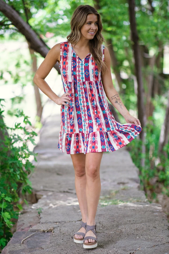 Haptics Red And Aqua Aztec Print Babydoll Dress Dresses 4 Haptics Red And Aqua Aztec Print Babydoll Dress Dresses