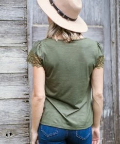 Supreme Fashion Olive Crochet Lace Trim Square Neck Top Tops