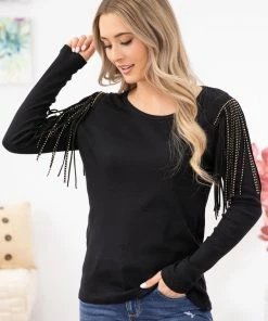 Vocal Apparel Black Studded Fringe Detail Long Sleeve Top LONG SLEEVES