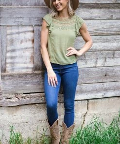 Blue Pepper Light Olive Crochet Yoke Flutter Sleeve Top