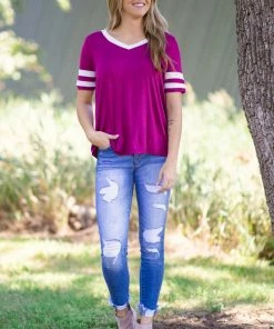 Sew In Love Tops Raspberry And White Varsity Stripe V-Neck Top