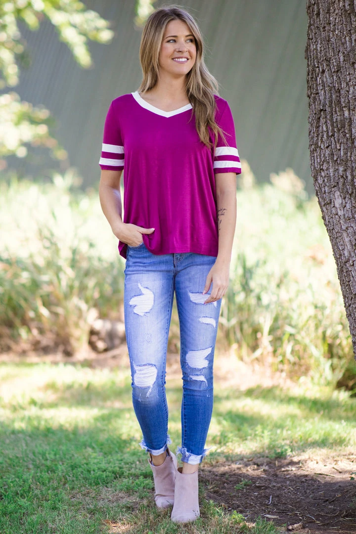 Sew In Love Tops Raspberry And White Varsity Stripe V-Neck Top 4 Sew In Love Tops Raspberry And White Varsity Stripe V-Neck Top