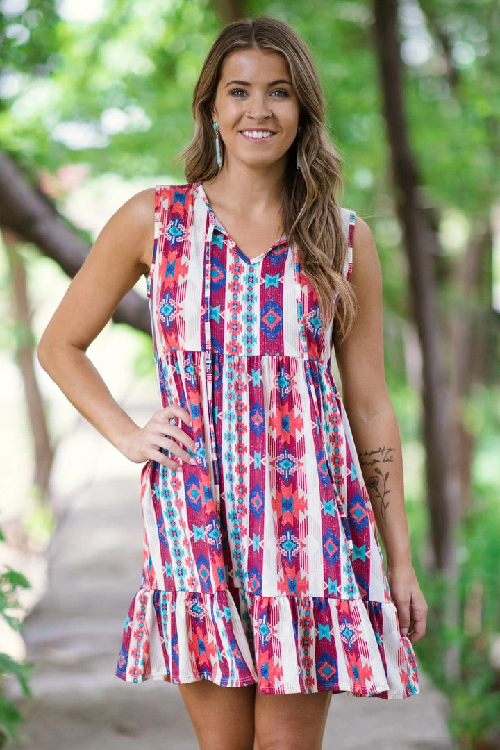 Haptics Red And Aqua Aztec Print Babydoll Dress Dresses 3 Haptics Red And Aqua Aztec Print Babydoll Dress Dresses