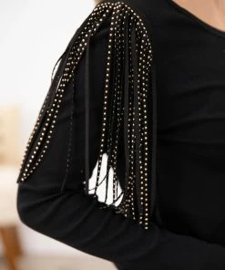 Vocal Apparel Black Studded Fringe Detail Long Sleeve Top LONG SLEEVES