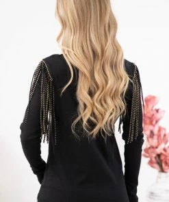 Vocal Apparel Black Studded Fringe Detail Long Sleeve Top LONG SLEEVES