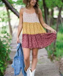 Staccato Dresses Wine And Mustard Ditsy Floral Colorblock Dress