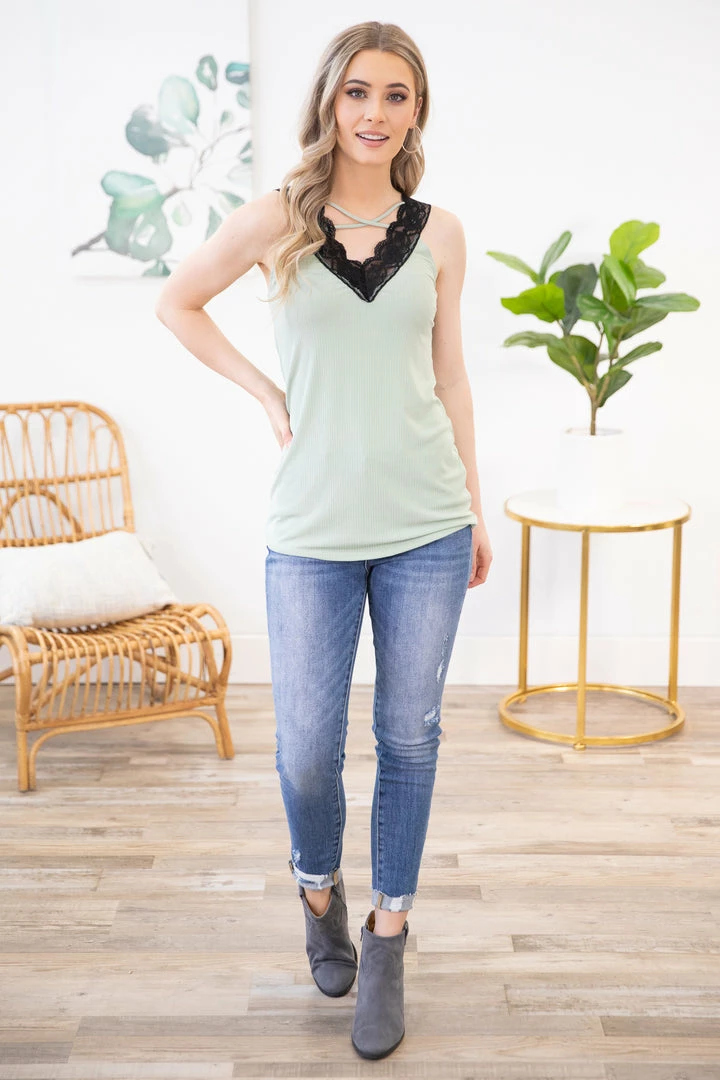 Blum Sage Scalloped Lace Criss Cross Ribbed Tank TANK TOPS 5 Blum Sage Scalloped Lace Criss Cross Ribbed Tank TANK TOPS