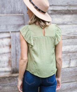 Blue Pepper Light Olive Crochet Yoke Flutter Sleeve Top