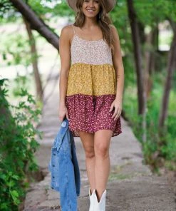 Staccato Dresses Wine And Mustard Ditsy Floral Colorblock Dress